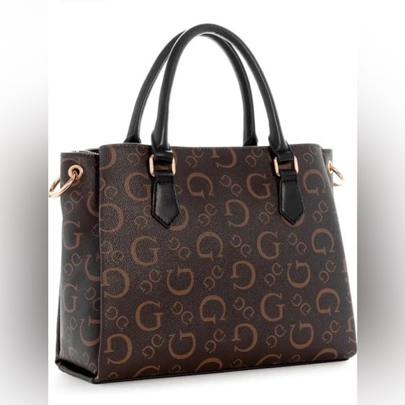 GUESS Women’s Evie Satchel Hand Bag In Signature Black Brown - Picture 2 of 5